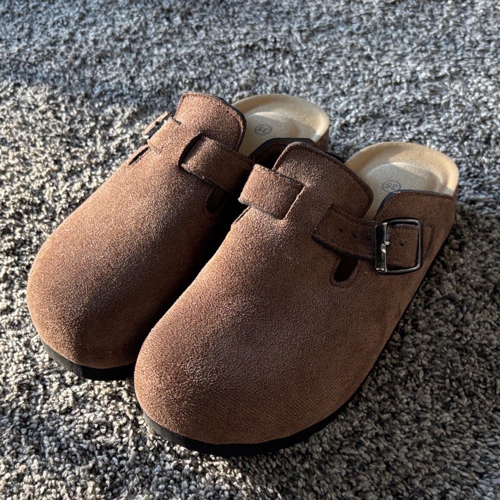 Brown Suede Clogs with Buckle